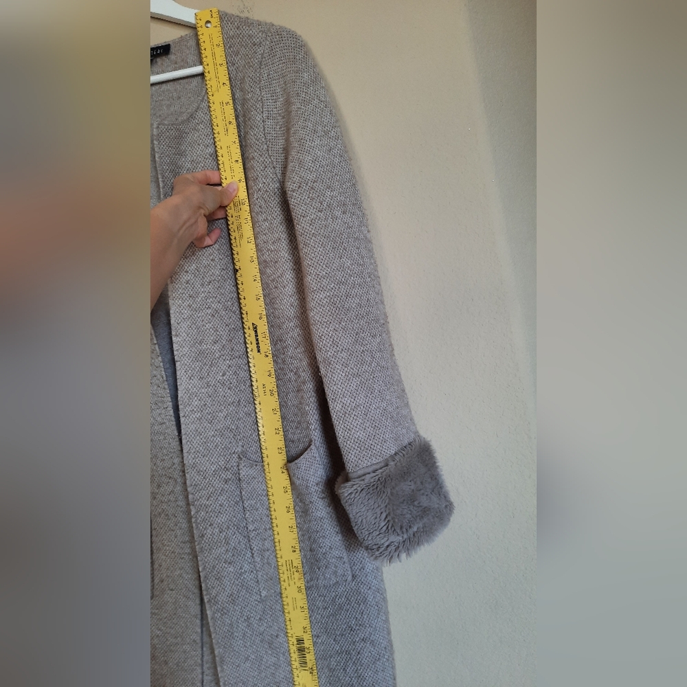 Sisters Long Cardigan Faux Fur Trim Cuffs Pockets Duster Chic Cozy - Picture 3 of 6